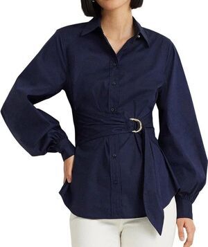 Lauren Ralph Lauren Tie Front Cotton-Blend  Shirt O-Ring   SZ XL NAVY  NWT